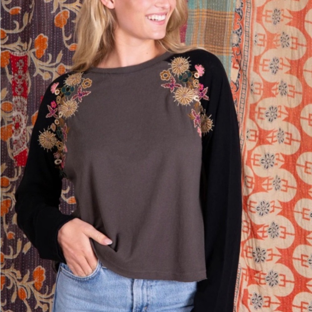 NATURAL LIFE Black and Brown Floral Embroidered Top
